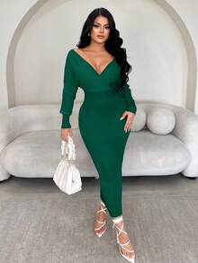 SHEIN SXY 女士性感优雅白色 V 领露肩长袖修身毛衣裙，适合日常穿着、办公室、约会、休闲、派对、感恩节、圣诞节白色中长裙白色长袖连衣裙白色紧身连衣裙罗纹中长裙秋冬 - 墨綠色 - 查看 4