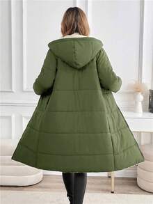 SHEIN Clasi 女式拉链连帽泰迪熊衬里绗缝大衣（秋冬） - 軍綠色 - 查看 2