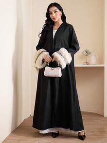 Veilorie Áo Abaya kín đáo dành cho nữ với viền lông thú, váy mùa đông cho nữ, áo Abaya Dubai, áo Abaya đen sang trọng cho nữ, váy xòe bồng bềnh cho nữ mùa đông. - màu đen - Xem 5