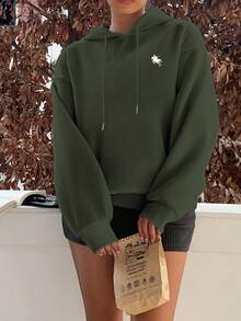 SHEIN EZwear 休闲简约印花图案连帽长袖宽松厚款卫衣，适合秋冬季女士 - 軍綠色 - 查看 4