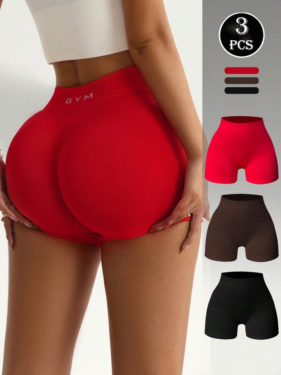 Easithlete Bộ 3 quần short thể thao lưng cao co giãn dệt kim liền mạch, màu đen/đỏ/kaki, thoải mái khi tập yoga, tập thể dục, hoạt động ngoài trời, quần short thể thao cạp cao bằng vải thun dành cho nữ - Nhiều màu - Xem 1