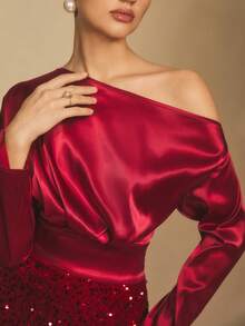 Poéselle 女士纯色不对称肩部蝙蝠袖亮片拼接侧开衩下摆优雅修身连衣裙 - 白色 - 查看 7