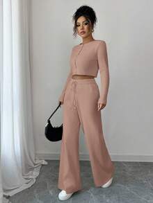 Modelyn Women's Elegant Solid Color Ribbed Knit Sweater And Wide Leg Pants 2 Pieces Set, Autumn - Dusty Pink - View 5
