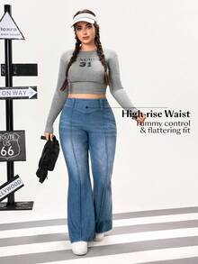 Flexra Plus Size Women High Waist Flare Casual Versatile Jeans - Medium Wash - View 5