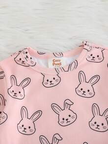 Cozy Pixies 女婴卡通兔子印花针织柔软圆领长袖上衣和松紧腰长裤两件套贴身睡衣套装 - 粉色 - 查看 4