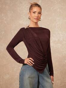 Lumalex Winter Fall Metal Decor Pleated Asymmetrical Hem Fitted Long Sleeve Women T-Shirt Luxury Prom Gathering Party Banquet Modest Old Money Coquette Glitter Holiday Party Rave Festival Outing Vacation Hot Outdoor Richly Layered Wedding Season Banquet ID Al-Adha Al-Adha Party New Year Looks Of Party Gala Night Party Dress For Autumn,Fall,Fall Clothes For Women