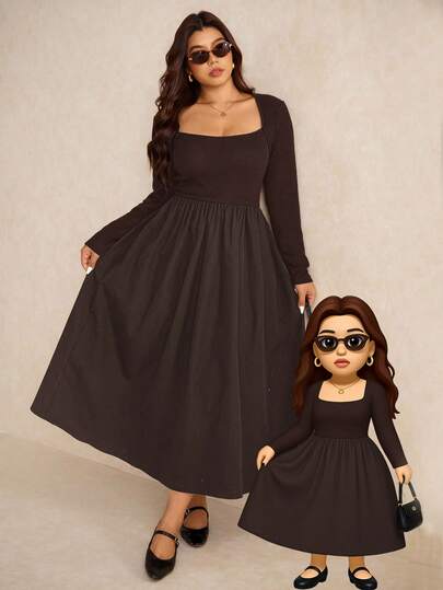 Elaquor 大码女式休闲简约百搭方领拼接黑色中长针织连衣裙，秋季款