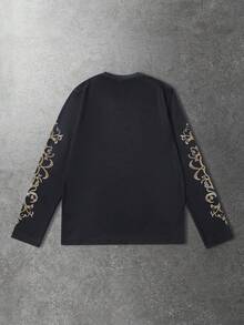 ROMWE MEN Street Life Men's Slogan Print Crew Neck Jesus Loose Fit Long Sleeve Casual T-Shirt - Black - View 2