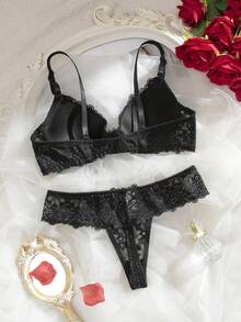 女士蕾丝衬垫钢圈文胸套装（2件装） - 黑色 - 查看 2