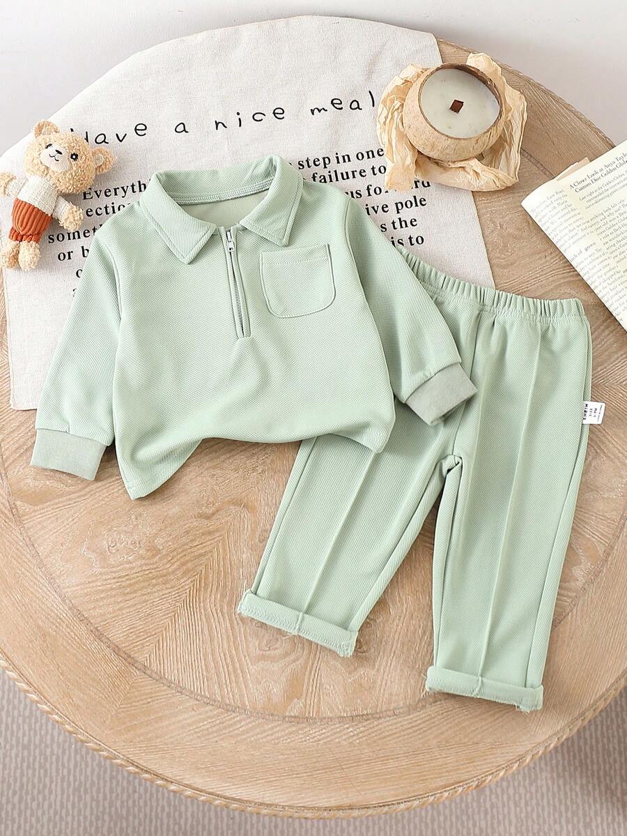 Genkimix Kids Young BoySimple Solid Gray Casual Collared Half-Zip Long Sleeve Top And Matching Pants Set, Suitable For Outings, Leisure, And Daily Sports