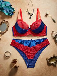 PinupPomp 2 Stück Unterwäsche-Set mit Kontrastfarben, geformter Tasse mit Bügel, gestützter Hebung, Spitze-Patchwork, umhüllend bequem, 3/4 Tasse, retro romantisch, Große Größen BH und Slip