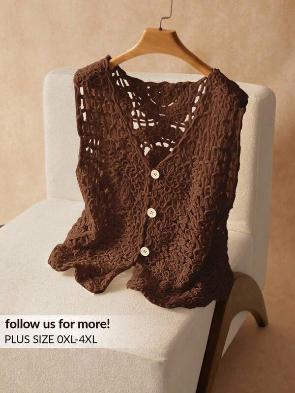 Elaquor Plus Size Casual Solid Color Hollow Out Knitted Vest,Fall Clothes For Women