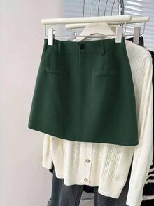 Franclia 简约通勤风春夏新款百搭时尚A字腰线修身小众设计黑色铅笔裙 - 墨綠色 - 查看 3