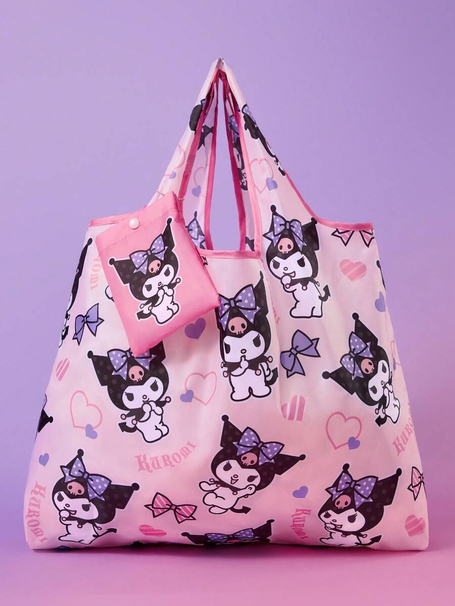 HELLO KITTY AND FRIENDS | SHEIN 1 个可爱卡通人物印花可折叠购物袋、手提袋,带珠链小收纳袋,可挂在包上。 - 粉色 - 查看 1