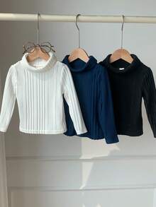 SHEIN 3pcs Baby Boy Soft Knit Casual Versatile Turtleneck Long Sleeve Pullover Tops, Suitable For Autumn & Winter Baby Solid Color Knitted Sweater Baby Turtle Neck  Thanksgiving Gift