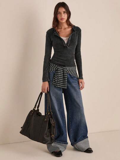 SHEIN EZwear 1 peça feminina preta e cinza malha abotoada ajuste justo manga comprida camiseta casual