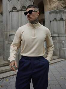 Artur Kramer 老钱男装风格男士时尚百搭高领套头毛衣，适合秋冬 - 杏色 - 查看 1