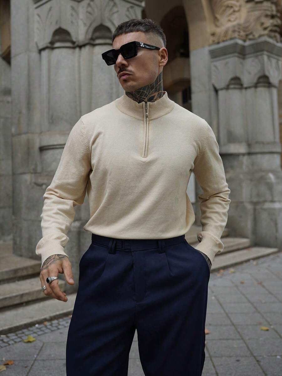 Artur Kramer 老钱男装风格男士时尚百搭高领套头毛衣，适合秋冬 - 杏色 - 查看 1