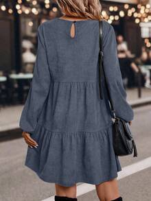 SHEIN LUNE Váy tay đèn lồng màu trơn đơn giản đi làm - Màu xanh lam - Xem 2