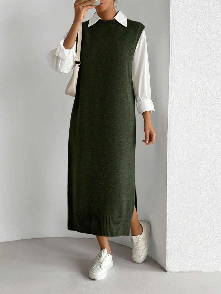 SHEIN Raffinéa Women's All-Match Versatile Commuter Long Dress Dark Green Dress Women Olive Dress Green Midi Dress Jumper Dress - Green - View 3