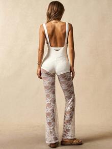 VARSIVA 女式性感撞色蕾丝镂空运动连体裤，夏季 - 白色 - 查看 5