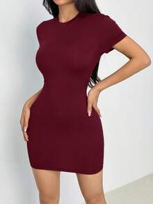 SHEIN PETITE 女士休闲纯色罗纹针织修身迷你连衣裙 - 酒紅色 - 查看 4