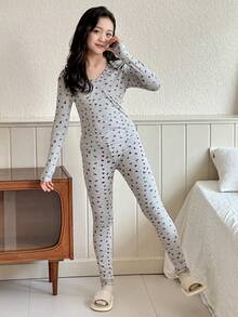 Dazy Kids Tween Girls V-Neck Ditsy Floral Knit Top And Pants Loungewear Set, Autumn - Grey - View 1