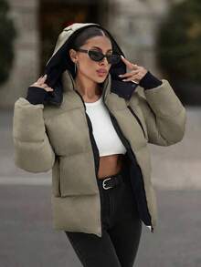EURMUSE Hooded Zipper Detailed Contrast Rib Cuff Quilted Women's Casual Puffer Down Jacket - Mocha Brown - View 6
