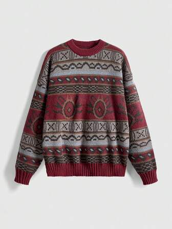 Fairycore Women's Geometric Pattern Round Neck Drop Shoulder Long Sleeve Casual Loose Pullover Sweater, Autumn/Winter