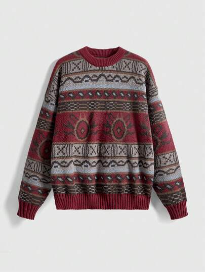 Fairycore Femmes Motif géométrique Col rond Épaule tombante Manches longues Pull ample décontracté, Automne/Hiver