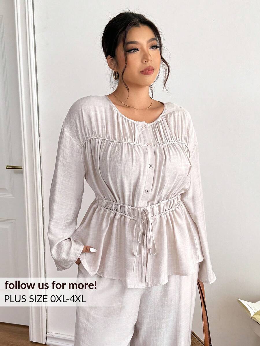 Lounesse Conjunto casual de 2 piezas de blusa y pantalones de talla grande para mujer, de unicolor, con hombros caídos, manga larga, abotonadura sencilla, pliegues, blusa y pantalones, conjunto de lino de 2 piezas, ropa de gasa para mujer, top con cintura ceñida, top de verano modesto - Albaricoque - Ver 1