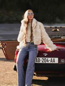 ORNATELLA Latest Fashion Fluffy Collar Elegant Short Jacket For Women - Apricot - View 2