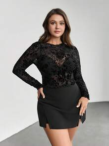 Firerie Blusa de manga larga de encaje, malla y transparente en talla grande - Negro - Ver 4