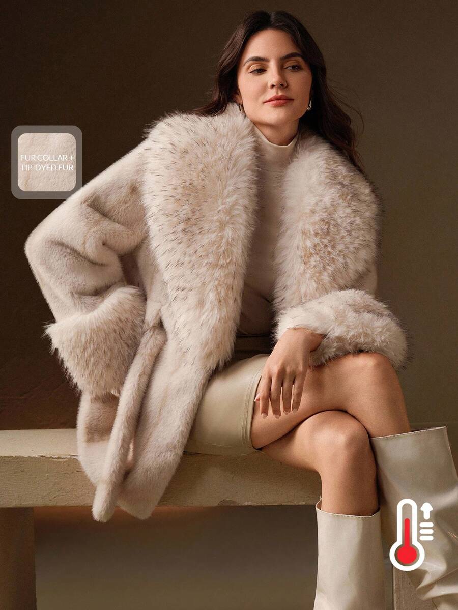 Anewsta 女士优雅仿皮草领收腰时尚仿皮草外套 - 杏色 - 查看 1