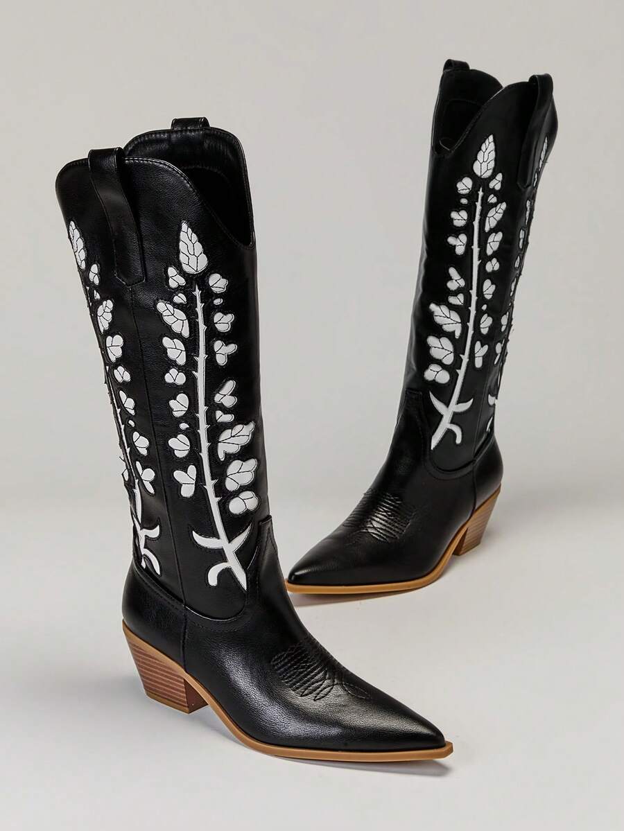 Solezae Giày bốt cao bồi mũi nhọn mũi nhọn chất liệu da thuần chay thêu họa tiết mới dành cho nữ - màu đen - Xem 1