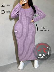SHEIN SXY Plus Size Women Hazy Blue Ribbed Knit Bodycon Dress, Autumn/Winter - Mauve Purple - View 1