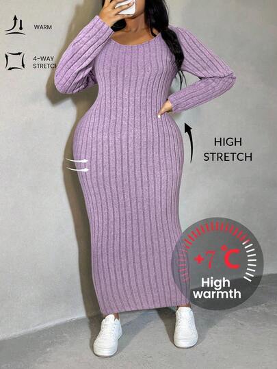 SHEIN SXY Plus Size Women Hazy Blue Ribbed Knit Bodycon Dress, Autumn/Winter