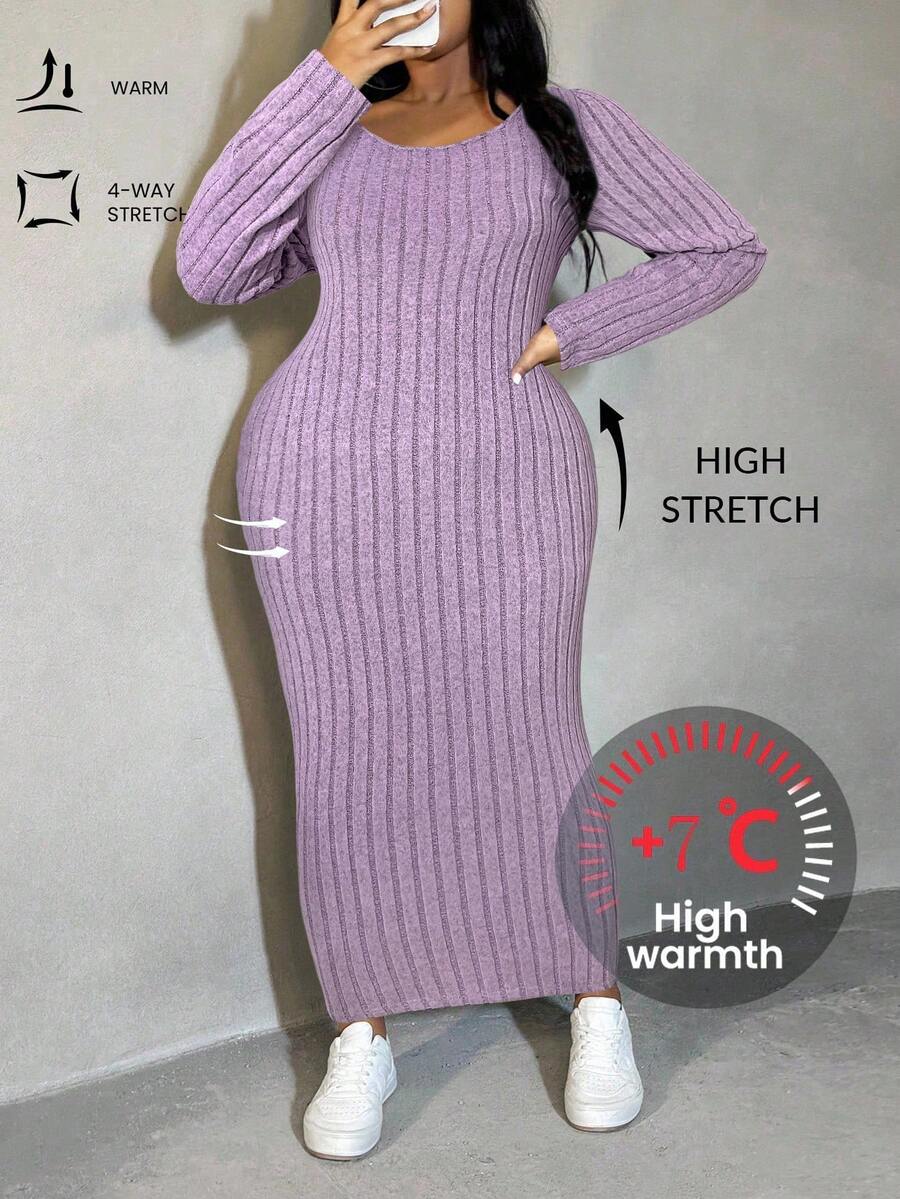 SHEIN SXY Plus Size Women Hazy Blue Ribbed Knit Bodycon Dress, Autumn/Winter - Mauve Purple - View 1