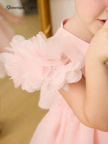 Glamorique Kids 女孩生日派对婚礼花童礼服，无袖圆领柔粉色花裙，优雅天鹅绒缎面蓬松公主裙，腰带和 3D 蝴蝶结 - 粉色 - 查看 5