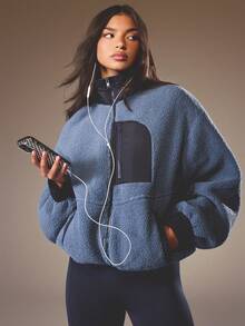 MISSGUIDED Women Oversized Teddy Jacket Winter Sherpa Fleece Coat With Navy Contrast Panel Half Zip Stand Collar Cozy Warm Outerwear Fall Fashion