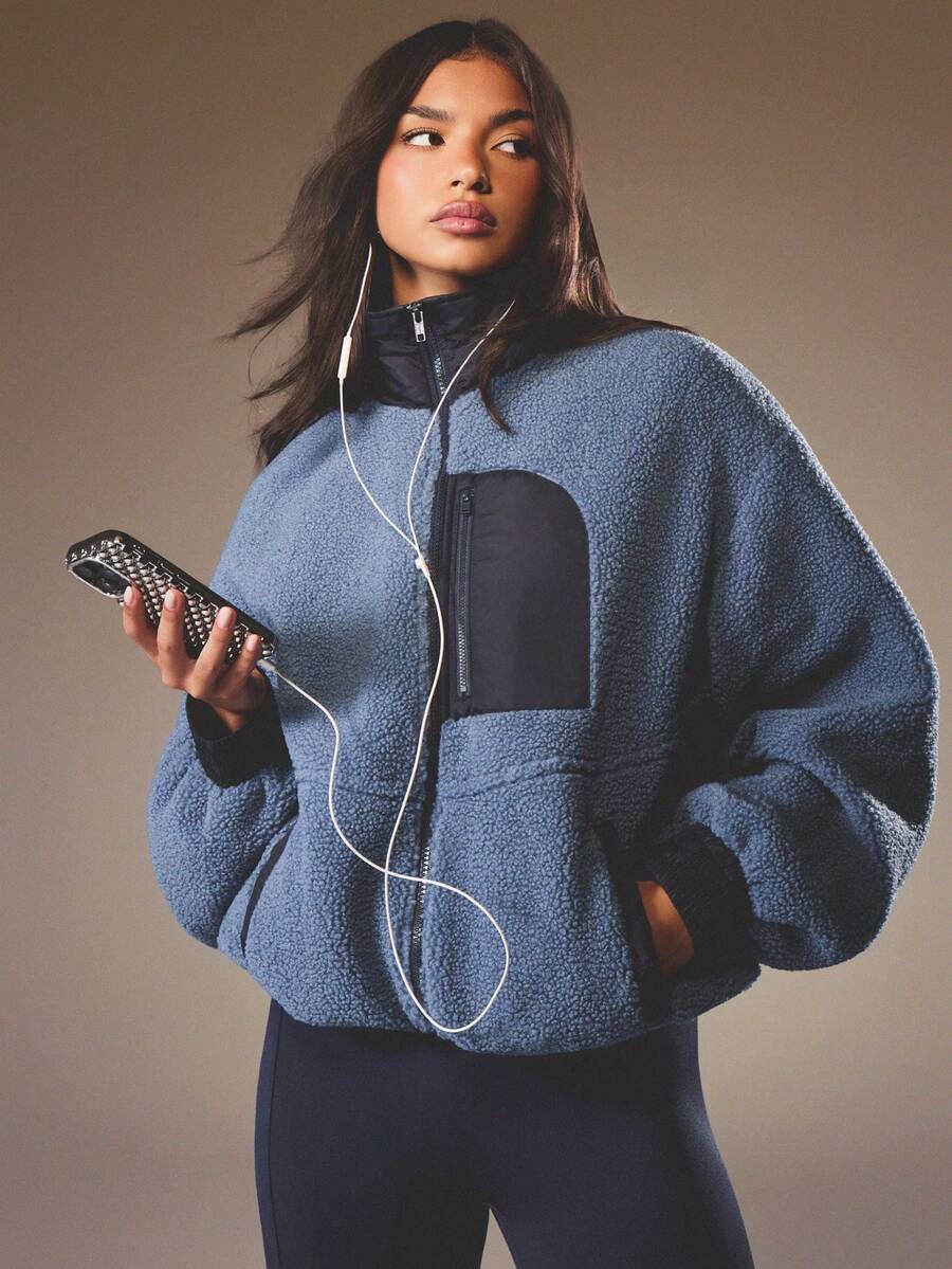 MISSGUIDED Women Oversized Teddy Jacket Winter Sherpa Fleece Coat With Navy Contrast Panel Half Zip Stand Collar Cozy Warm Outerwear Fall Fashion