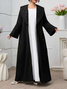 Al Najma Elegant Jacquard Patchwork Solid Color Black Robe Abayas - Black - View 6