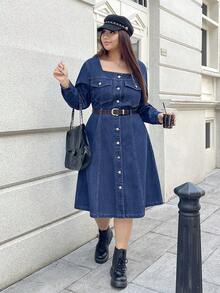 SHEIN EZwear Vestido vaquero de manga larga azul ajustado sin estiramiento de talla grande, para invierno - Azul lavado oscuro - Ver 7
