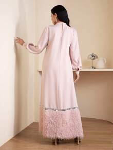 Veilorie Vestido elegante de estilo árabe para mujer con mangas de farol, decoración de flores de rhinestone y dobladillo esponjoso - Rosa - Ver 2