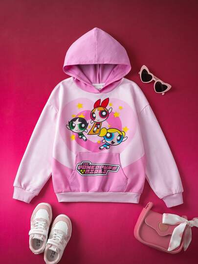 THE POWERPUFF GIRLS X SHEIN Tween Girl Casual Cute Everyday Cartoon Blossom, Bubbles, Buttercup Pattern Oversized Hooded Sweatshirt