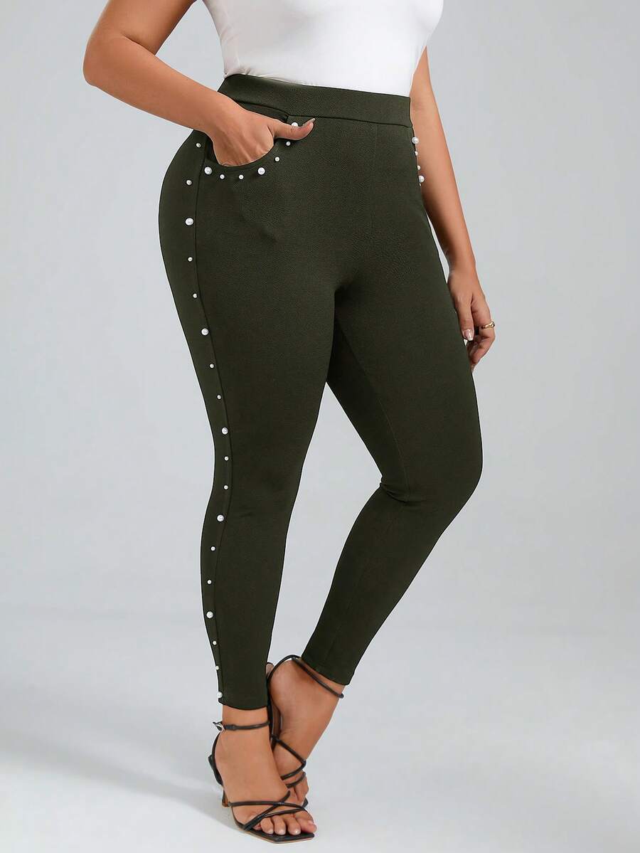 Chikora 大码高腰珍珠串珠修身休闲裤 - 軍綠色 - 查看 1