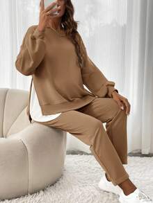 SHEIN Bộ 2 chiếc áo nỉ và quần chắp vá nhiều màu sắc thường ngày dành cho bà bầu, mùa thu - Cà phê nâu - Xem 4