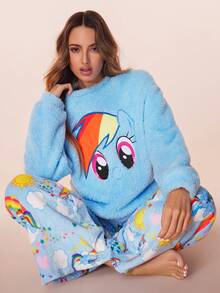 My Little Pony X SHEIN 女士卡通刺绣长袖上衣和印花长裤睡衣套装，蓬松睡衣，女士卡通睡衣，秋冬服装 - 藍色 - 查看 1