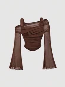SHEIN MOD 2 chiếc áo thun tay chuông vai bất đối xứng màu nâu và đen - màu nâu - Xem 6