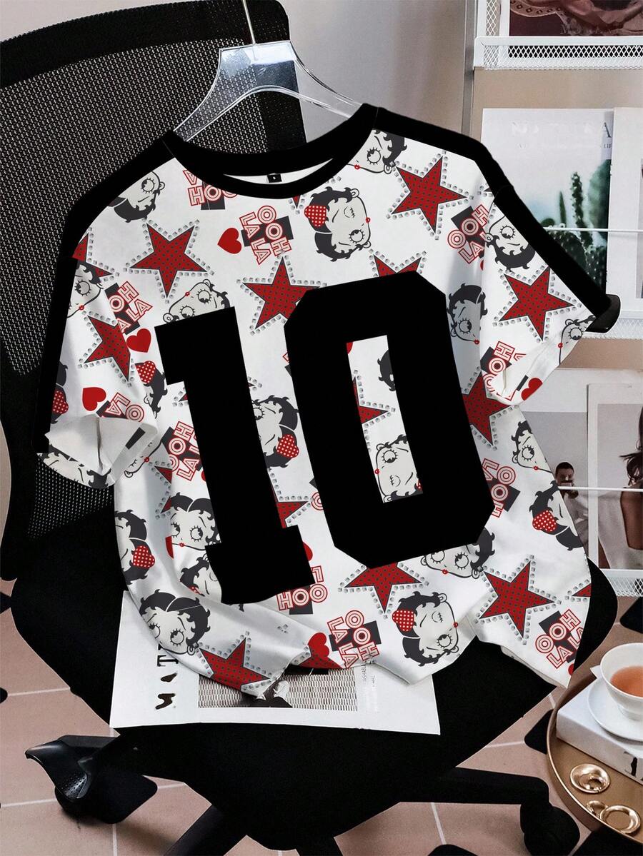 Betty Boop x SHEIN Women's Casual Star & Cartoon Figure Graphic Round Neck Short Sleeve T-Shirt, Summer Streetwear Top Number Shirt Cartoon Shirts Anime Shirt - White - View 1